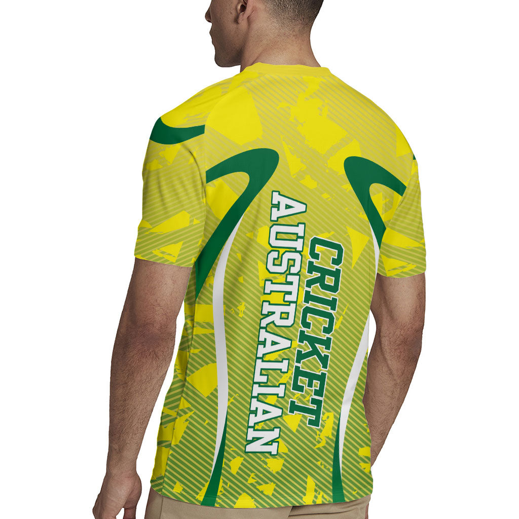 Cricket Australian Rugby Jersey Map Silhouette With Green And Gold Geometric Pattern