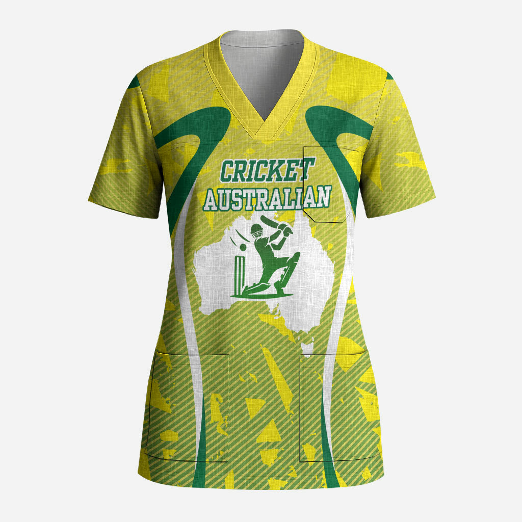 Cricket Australian Scrub Top Map Silhouette With Green And Gold Geometric Pattern