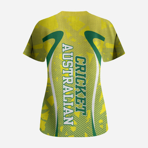 Cricket Australian Scrub Top Map Silhouette With Green And Gold Geometric Pattern