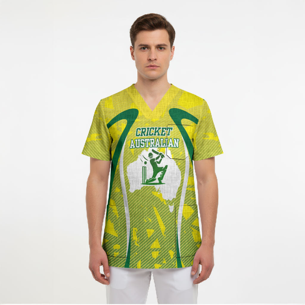 Cricket Australian Scrub Top Map Silhouette With Green And Gold Geometric Pattern