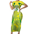 Cricket Australian Short Sleeve Bodycon Dress Map Silhouette With Green And Gold Geometric Pattern
