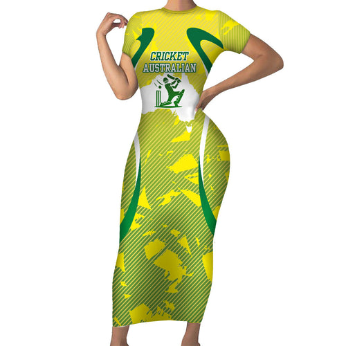 Cricket Australian Short Sleeve Bodycon Dress Map Silhouette With Green And Gold Geometric Pattern