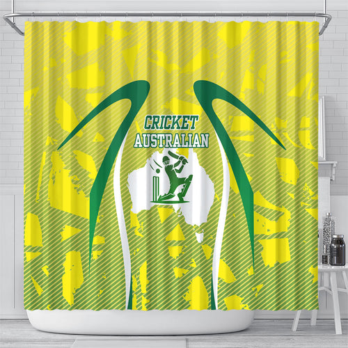 Cricket Australian Shower Curtain Map Silhouette With Green And Gold Geometric Pattern