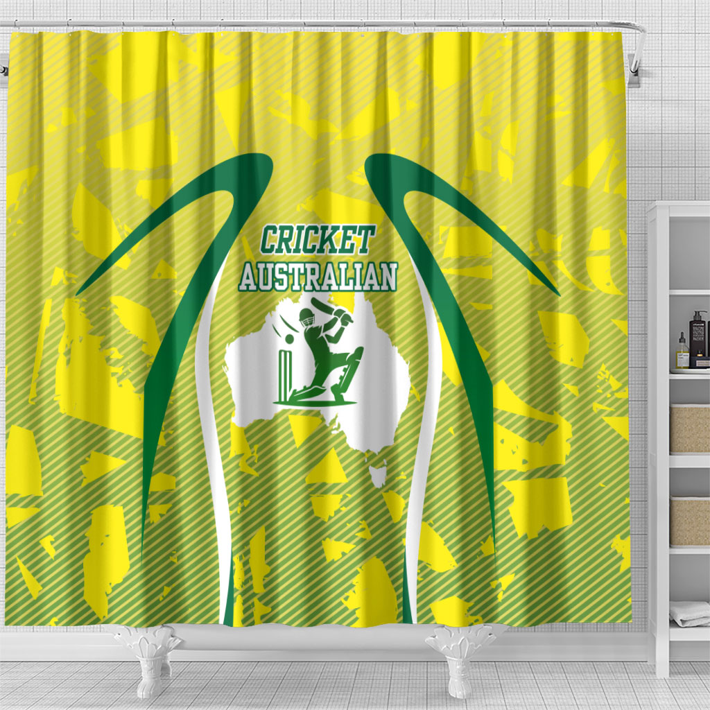 Cricket Australian Shower Curtain Map Silhouette With Green And Gold Geometric Pattern