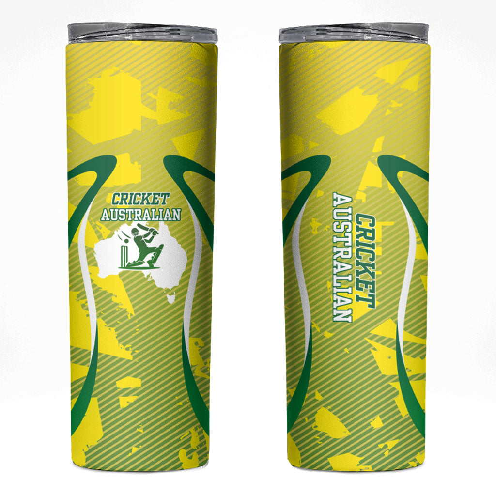 Cricket Australian Skinny Tumbler Map Silhouette With Green And Gold Geometric Pattern