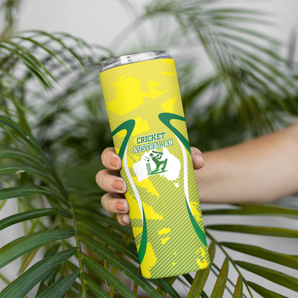 Cricket Australian Skinny Tumbler Map Silhouette With Green And Gold Geometric Pattern