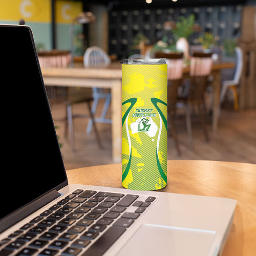 Cricket Australian Skinny Tumbler Map Silhouette With Green And Gold Geometric Pattern