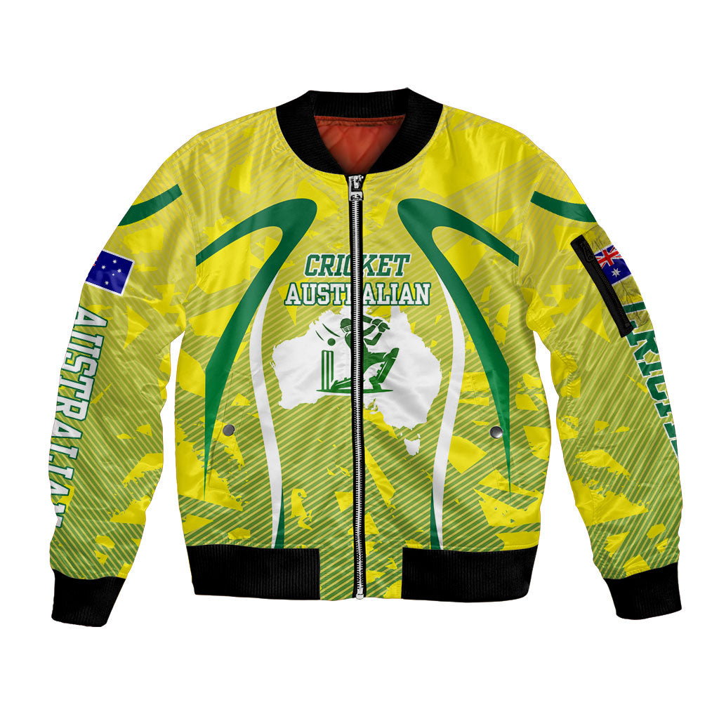 Cricket Australian Sleeve Zip Bomber Jacket Map Silhouette With Green And Gold Geometric Pattern