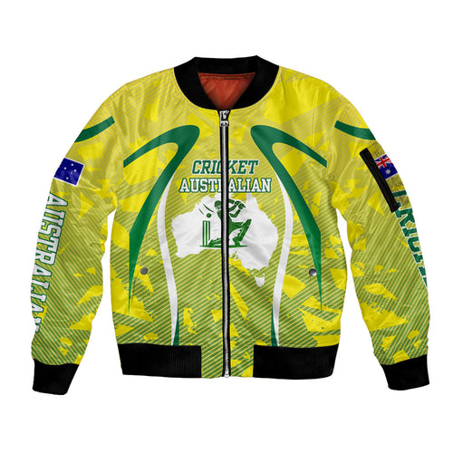 Cricket Australian Sleeve Zip Bomber Jacket Map Silhouette With Green And Gold Geometric Pattern