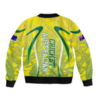 Cricket Australian Sleeve Zip Bomber Jacket Map Silhouette With Green And Gold Geometric Pattern