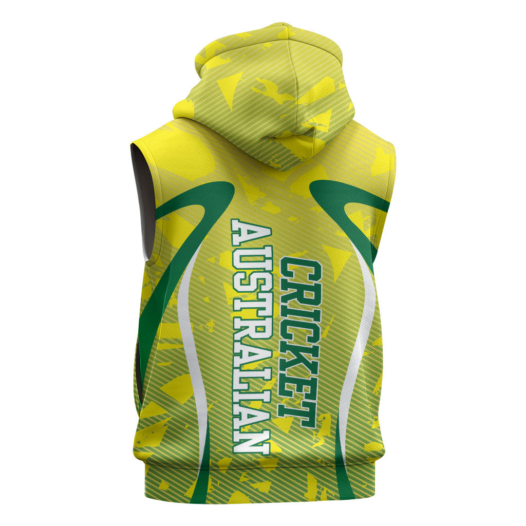 Cricket Australian Sleeveless Hoodie Map Silhouette With Green And Gold Geometric Pattern