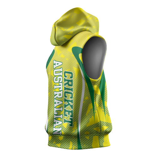 Cricket Australian Sleeveless Hoodie Map Silhouette With Green And Gold Geometric Pattern