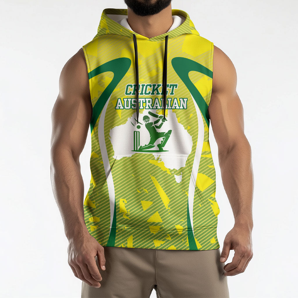 Cricket Australian Sleeveless Hoodie Map Silhouette With Green And Gold Geometric Pattern