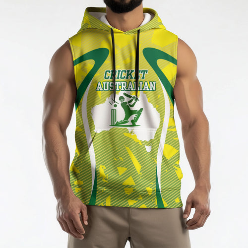 Cricket Australian Sleeveless Hoodie Map Silhouette With Green And Gold Geometric Pattern