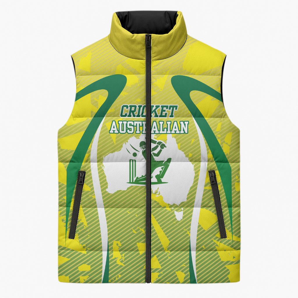 Cricket Australian Sleeveless Puffer Jacket Map Silhouette With Green And Gold Geometric Pattern