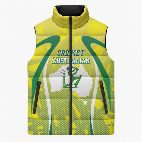 Cricket Australian Sleeveless Puffer Jacket Map Silhouette With Green And Gold Geometric Pattern