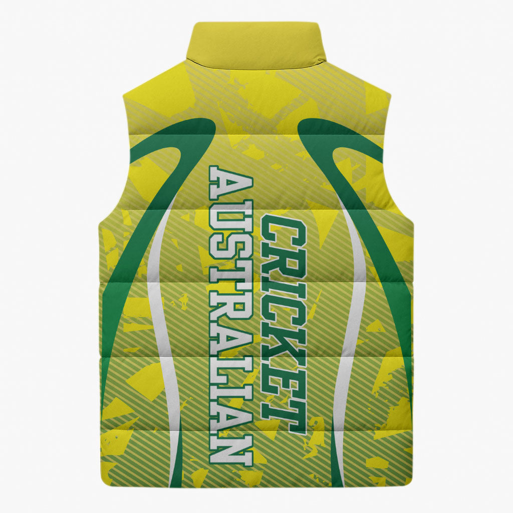 Cricket Australian Sleeveless Puffer Jacket Map Silhouette With Green And Gold Geometric Pattern