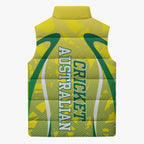 Cricket Australian Sleeveless Puffer Jacket Map Silhouette With Green And Gold Geometric Pattern
