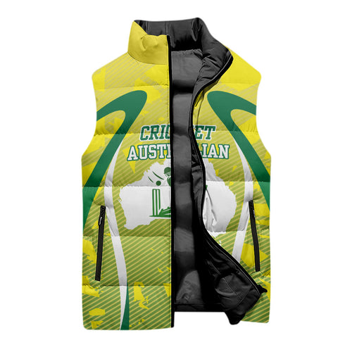 Cricket Australian Sleeveless Puffer Jacket Map Silhouette With Green And Gold Geometric Pattern