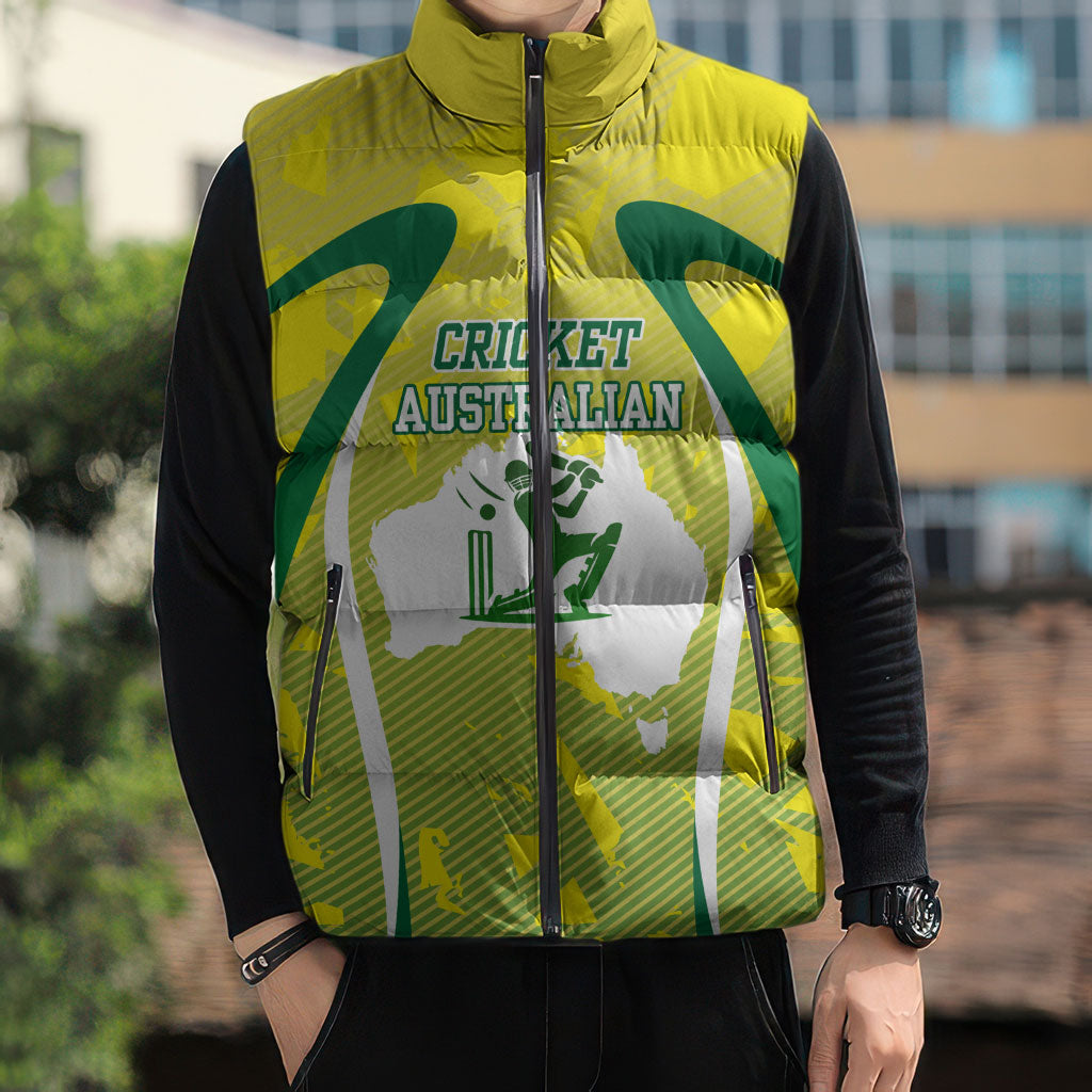 Cricket Australian Sleeveless Puffer Jacket Map Silhouette With Green And Gold Geometric Pattern