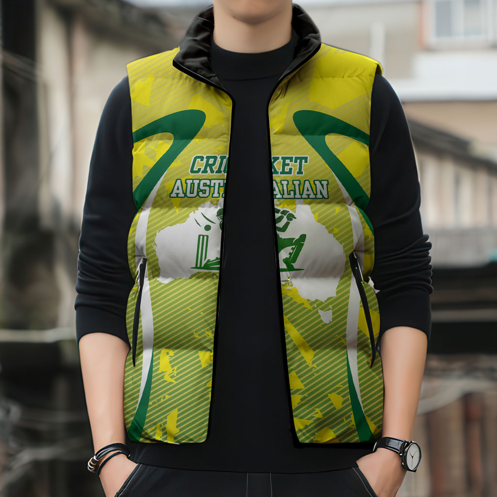 Cricket Australian Sleeveless Puffer Jacket Map Silhouette With Green And Gold Geometric Pattern