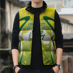 Cricket Australian Sleeveless Puffer Jacket Map Silhouette With Green And Gold Geometric Pattern