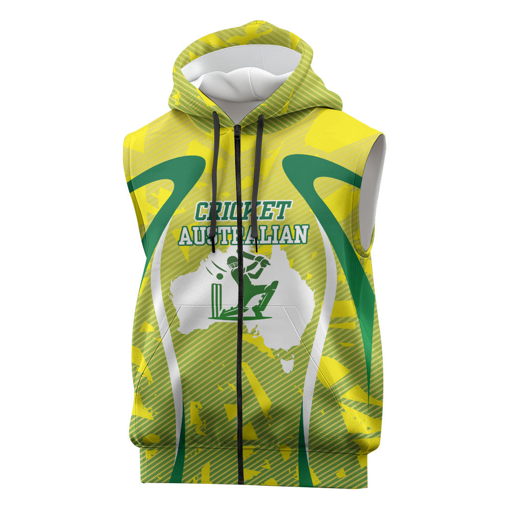 Cricket Australian Sleeveless Zip Hoodie Map Silhouette With Green And Gold Geometric Pattern