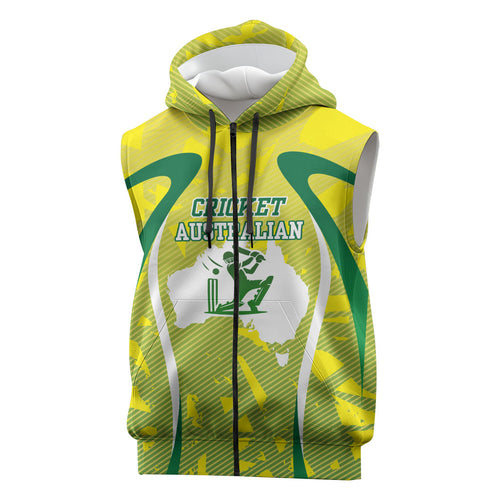 Cricket Australian Sleeveless Zip Hoodie Map Silhouette With Green And Gold Geometric Pattern