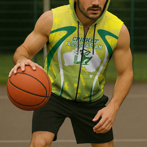 Cricket Australian Sleeveless Zip Hoodie Map Silhouette With Green And Gold Geometric Pattern