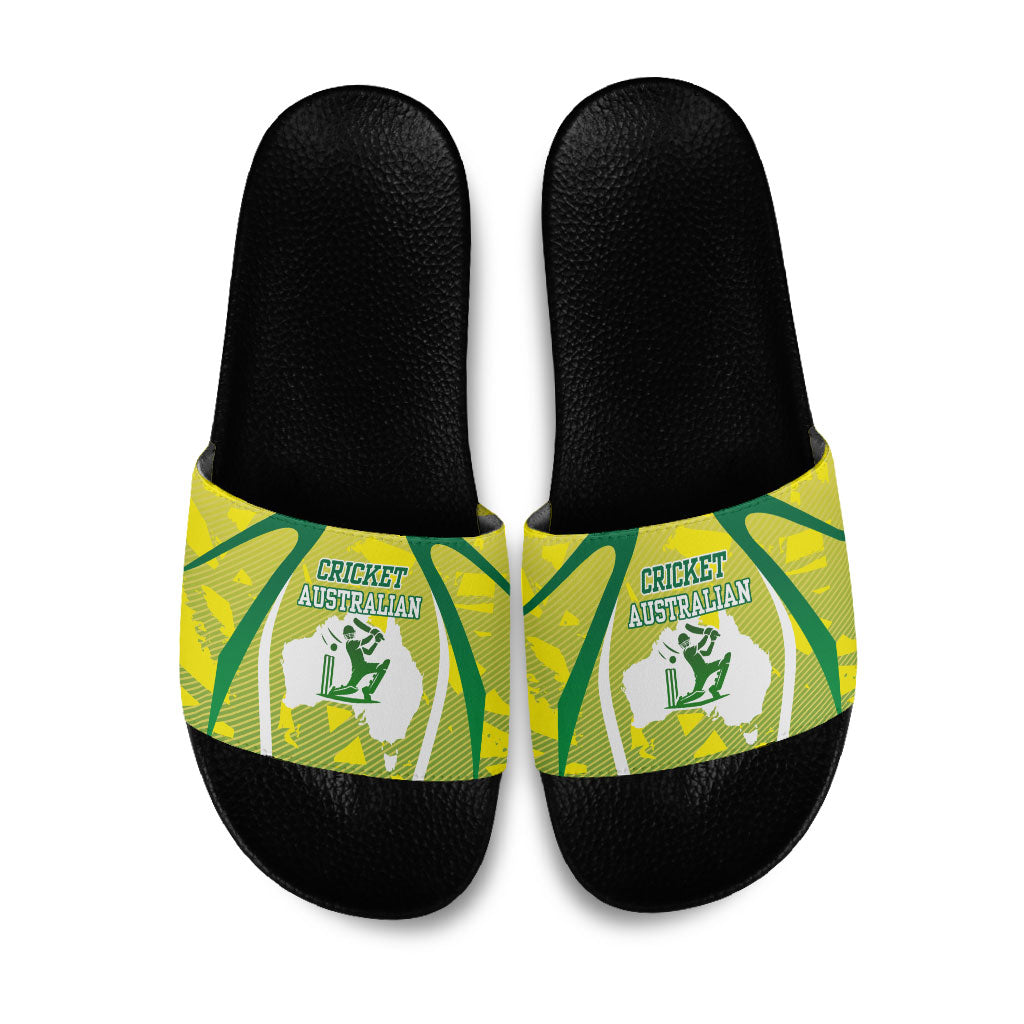 Cricket Australian Slide Sandals Map Silhouette With Green And Gold Geometric Pattern