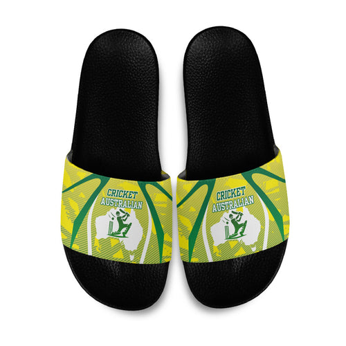 Cricket Australian Slide Sandals Map Silhouette With Green And Gold Geometric Pattern