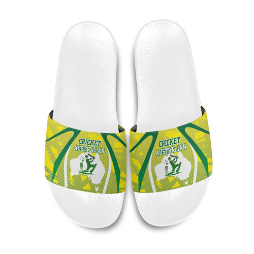 Cricket Australian Slide Sandals Map Silhouette With Green And Gold Geometric Pattern