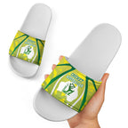 Cricket Australian Slide Sandals Map Silhouette With Green And Gold Geometric Pattern