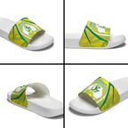 Cricket Australian Slide Sandals Map Silhouette With Green And Gold Geometric Pattern