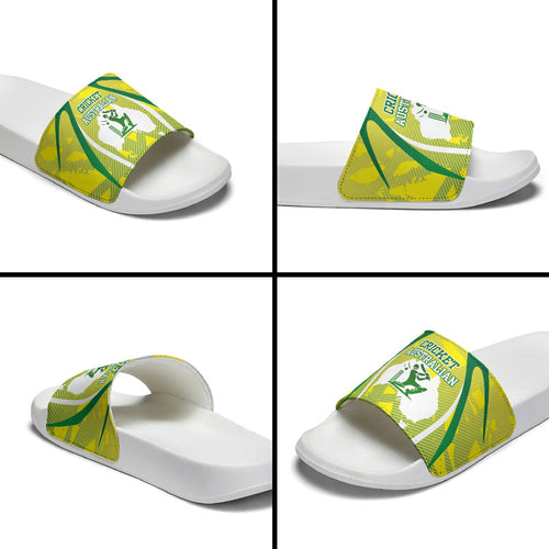 Cricket Australian Slide Sandals Map Silhouette With Green And Gold Geometric Pattern