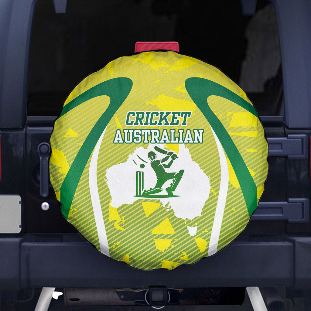 Cricket Australian Spare Tire Cover Map Silhouette With Green And Gold Geometric Pattern