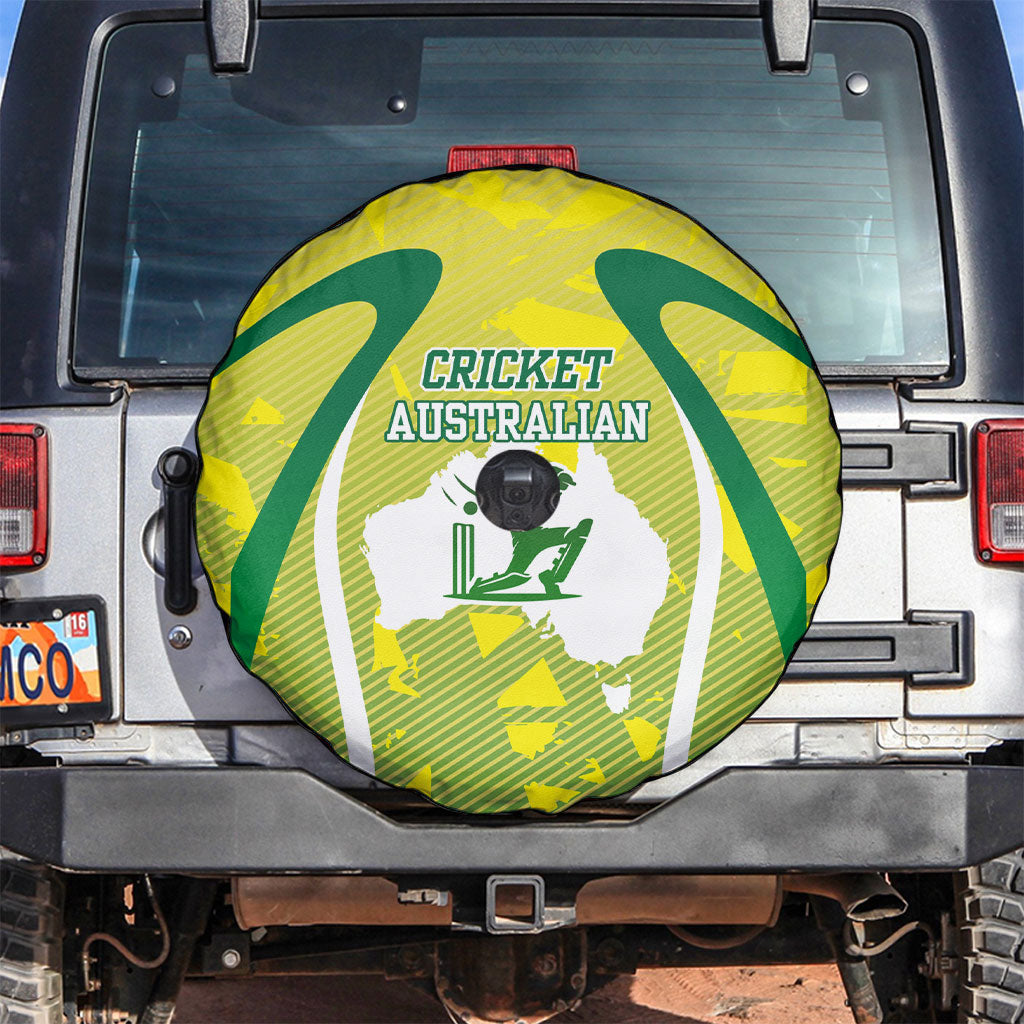 Cricket Australian Spare Tire Cover Map Silhouette With Green And Gold Geometric Pattern