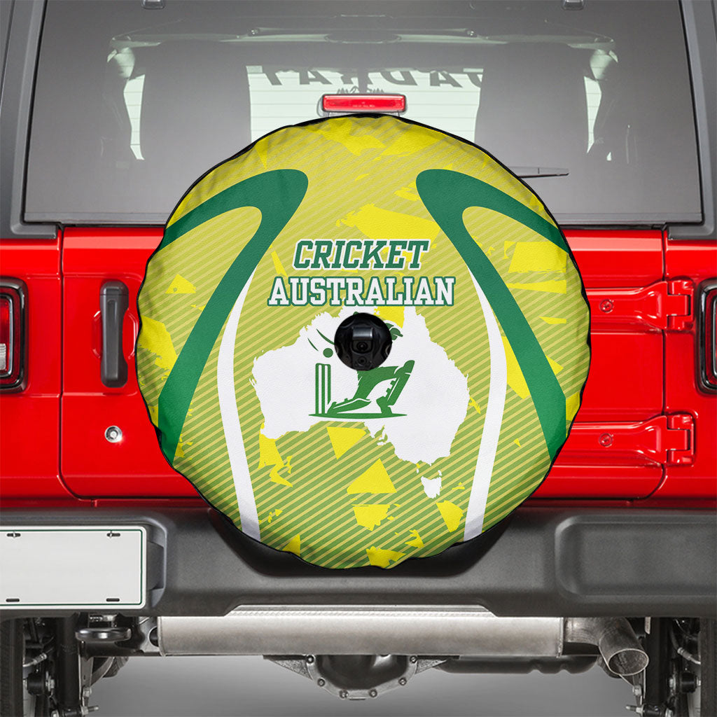 Cricket Australian Spare Tire Cover Map Silhouette With Green And Gold Geometric Pattern