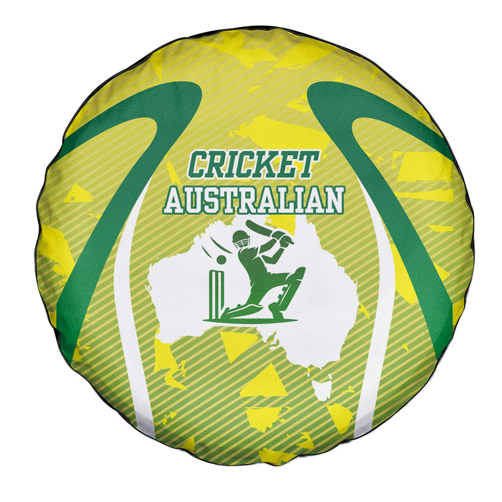 Cricket Australian Spare Tire Cover Map Silhouette With Green And Gold Geometric Pattern
