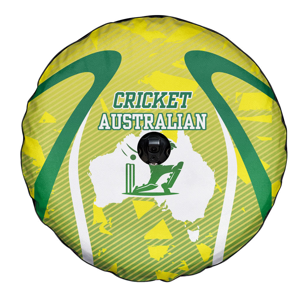 Cricket Australian Spare Tire Cover Map Silhouette With Green And Gold Geometric Pattern