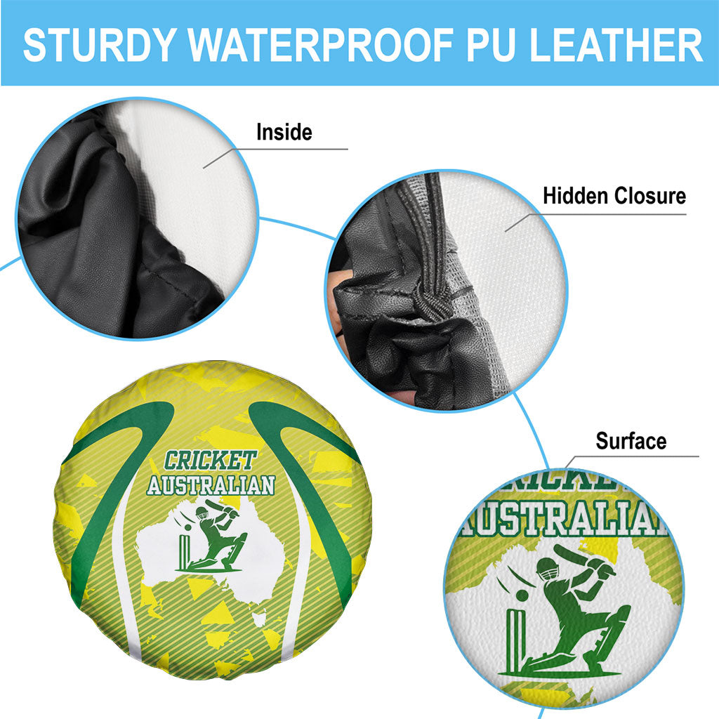 Cricket Australian Spare Tire Cover Map Silhouette With Green And Gold Geometric Pattern