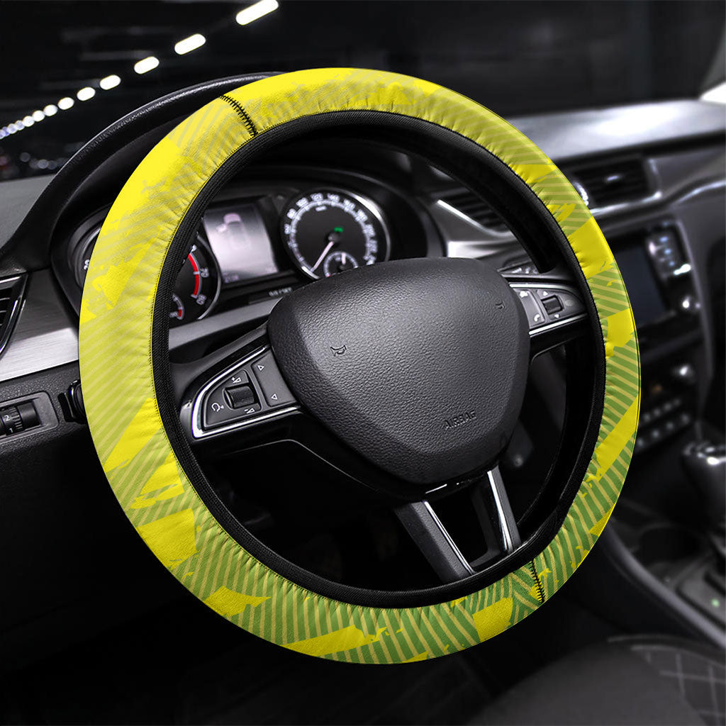Cricket Australian Steering Wheel Cover Map Silhouette With Green And Gold Geometric Pattern