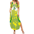 Cricket Australian Summer Maxi Dress Map Silhouette With Green And Gold Geometric Pattern
