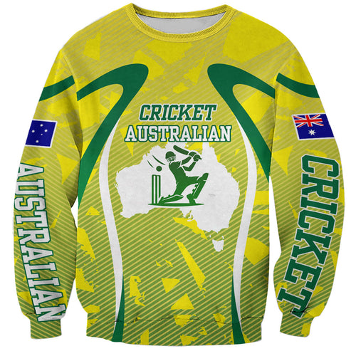 Cricket Australian Sweatshirt Map Silhouette With Green And Gold Geometric Pattern