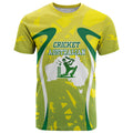 Cricket Australian T Shirt Map Silhouette With Green And Gold Geometric Pattern