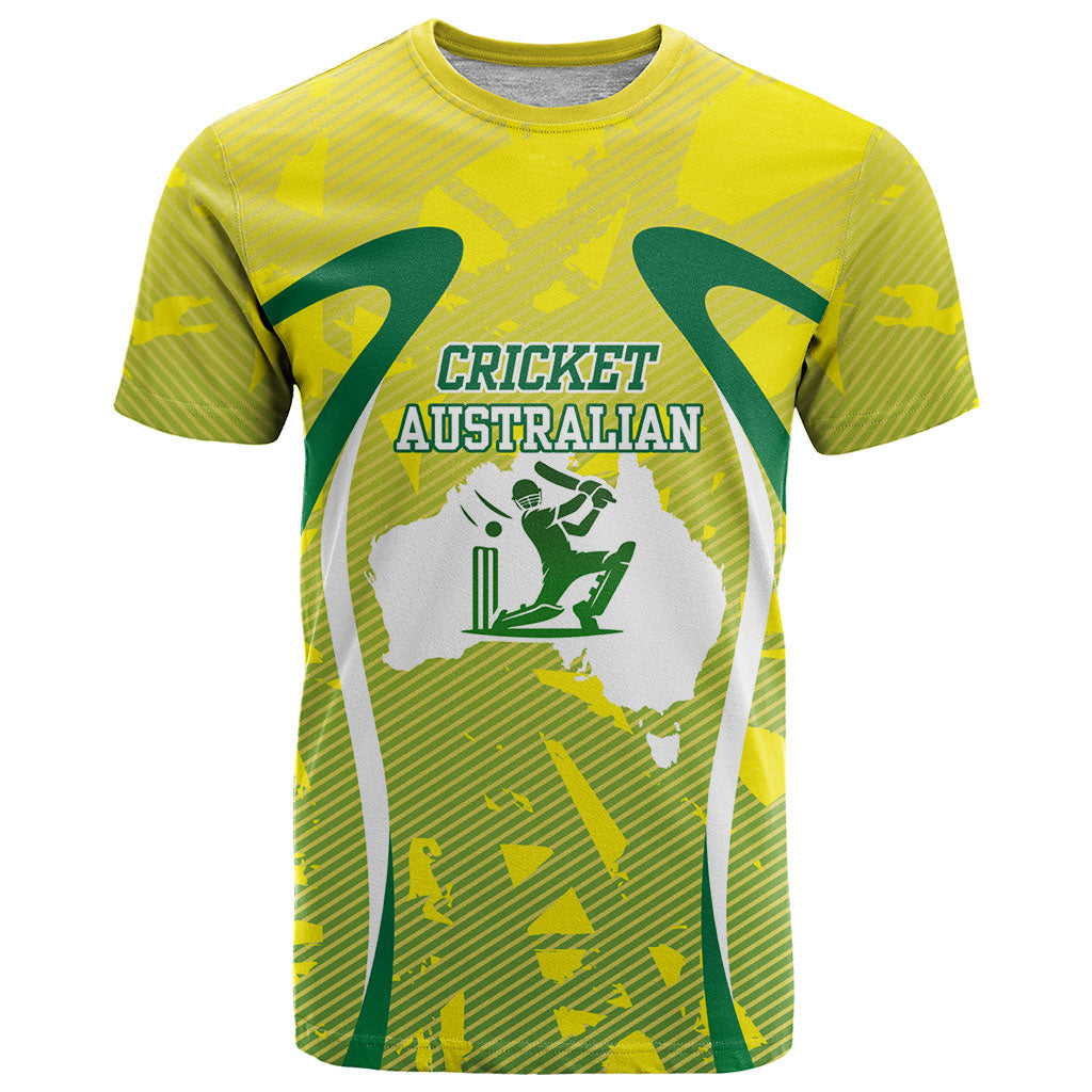 Cricket Australian T Shirt Map Silhouette With Green And Gold Geometric Pattern
