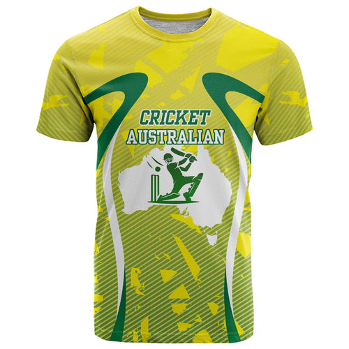 Cricket Australian T Shirt Map Silhouette With Green And Gold Geometric Pattern