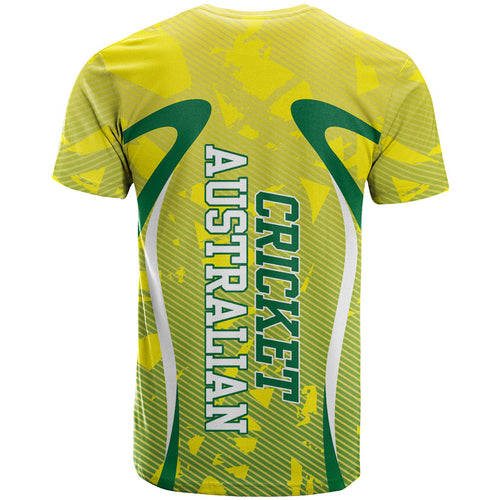 Cricket Australian T Shirt Map Silhouette With Green And Gold Geometric Pattern