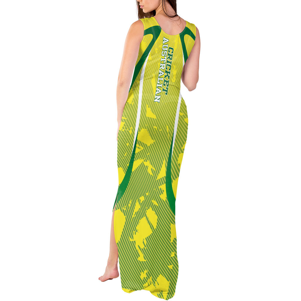 Cricket Australian Tank Maxi Dress Map Silhouette With Green And Gold Geometric Pattern