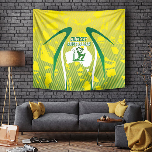 Cricket Australian Tapestry Map Silhouette With Green And Gold Geometric Pattern